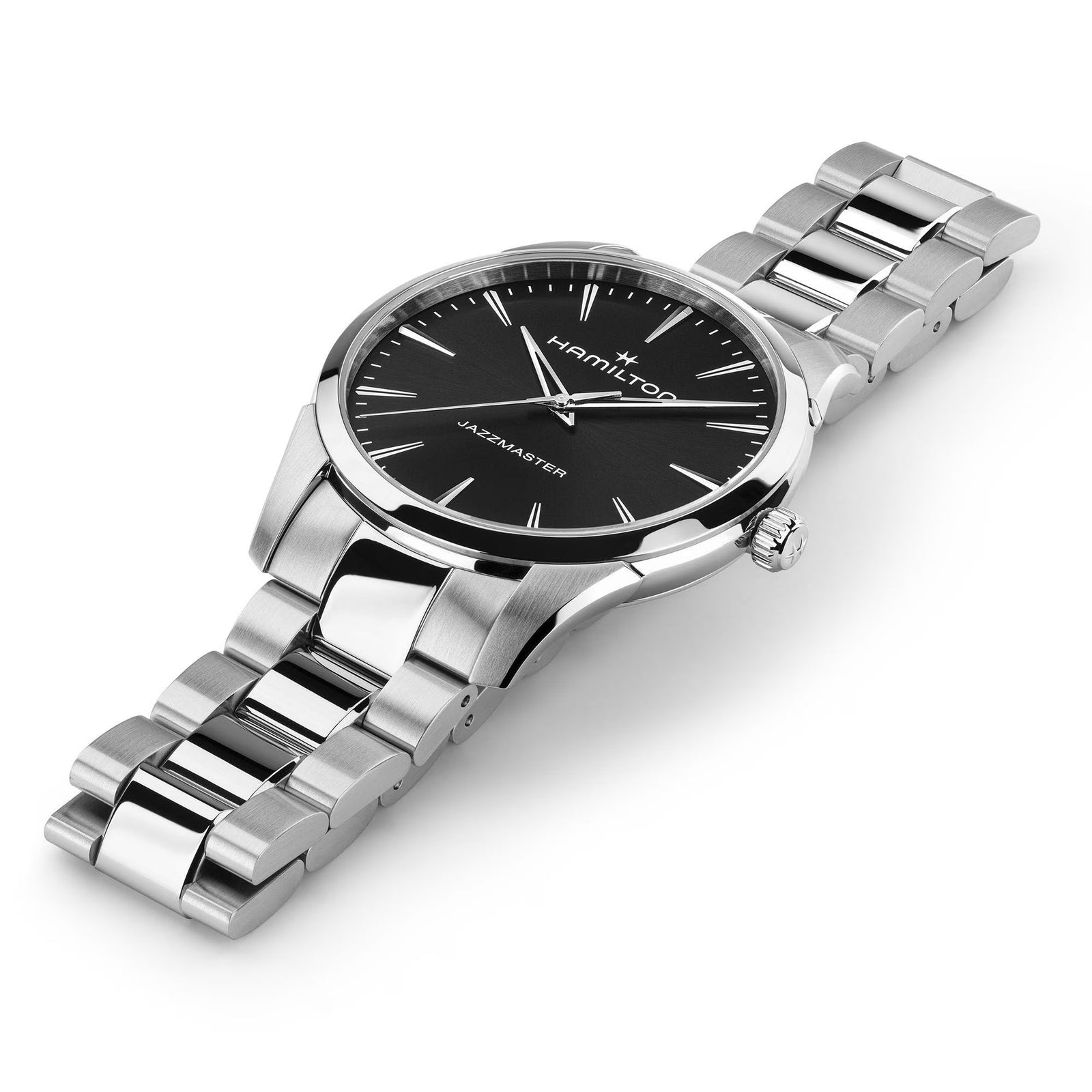 Silver Hamilton watch with black dial on a white background
Hamilton Jazzmaster Quartz 40mm H32461131 Bandiera Jewellers