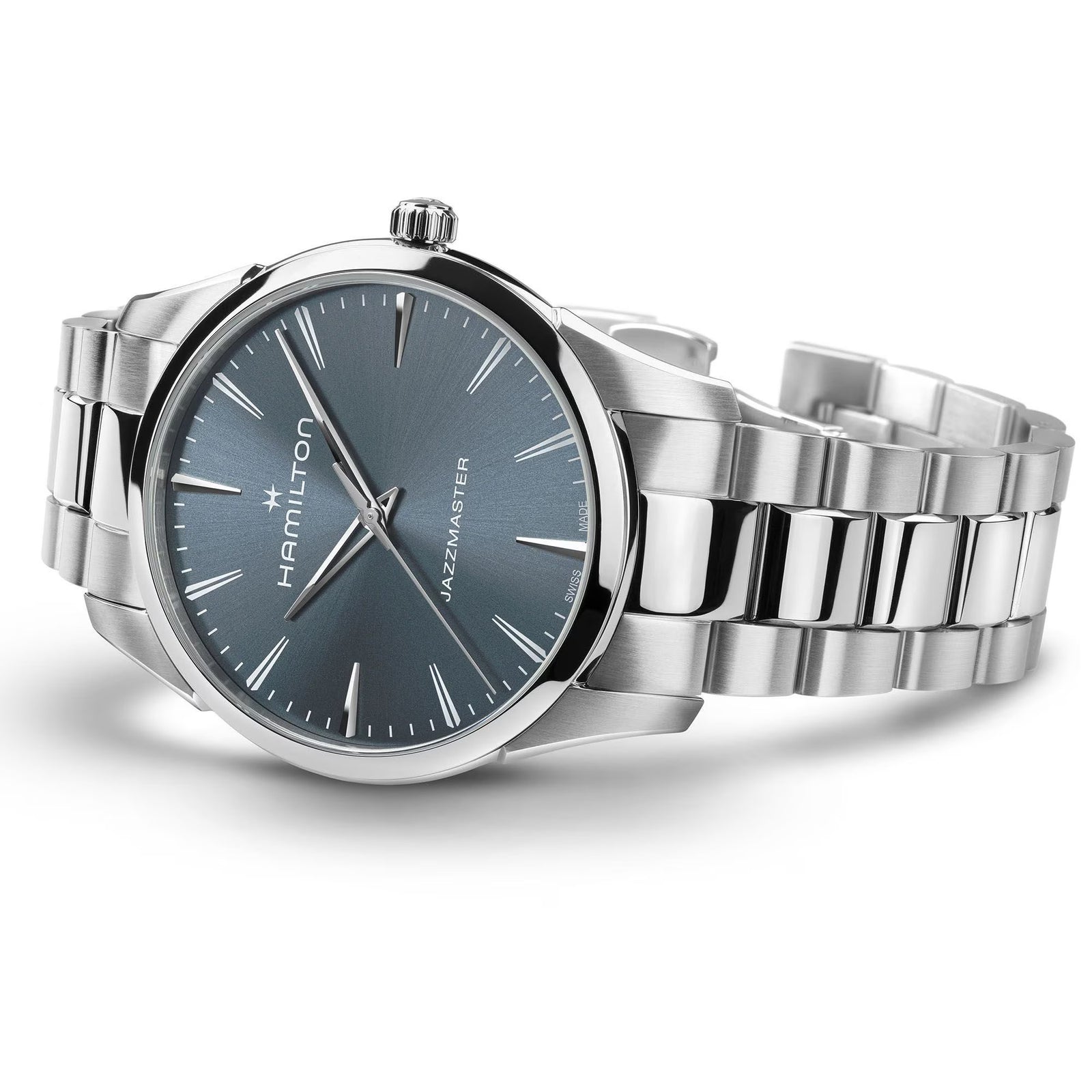 Silver Hamilton watch with a blue face on a white background
Hamilton Jazzmaster Quartz 40mm H32461141 Bandiera Jewellers