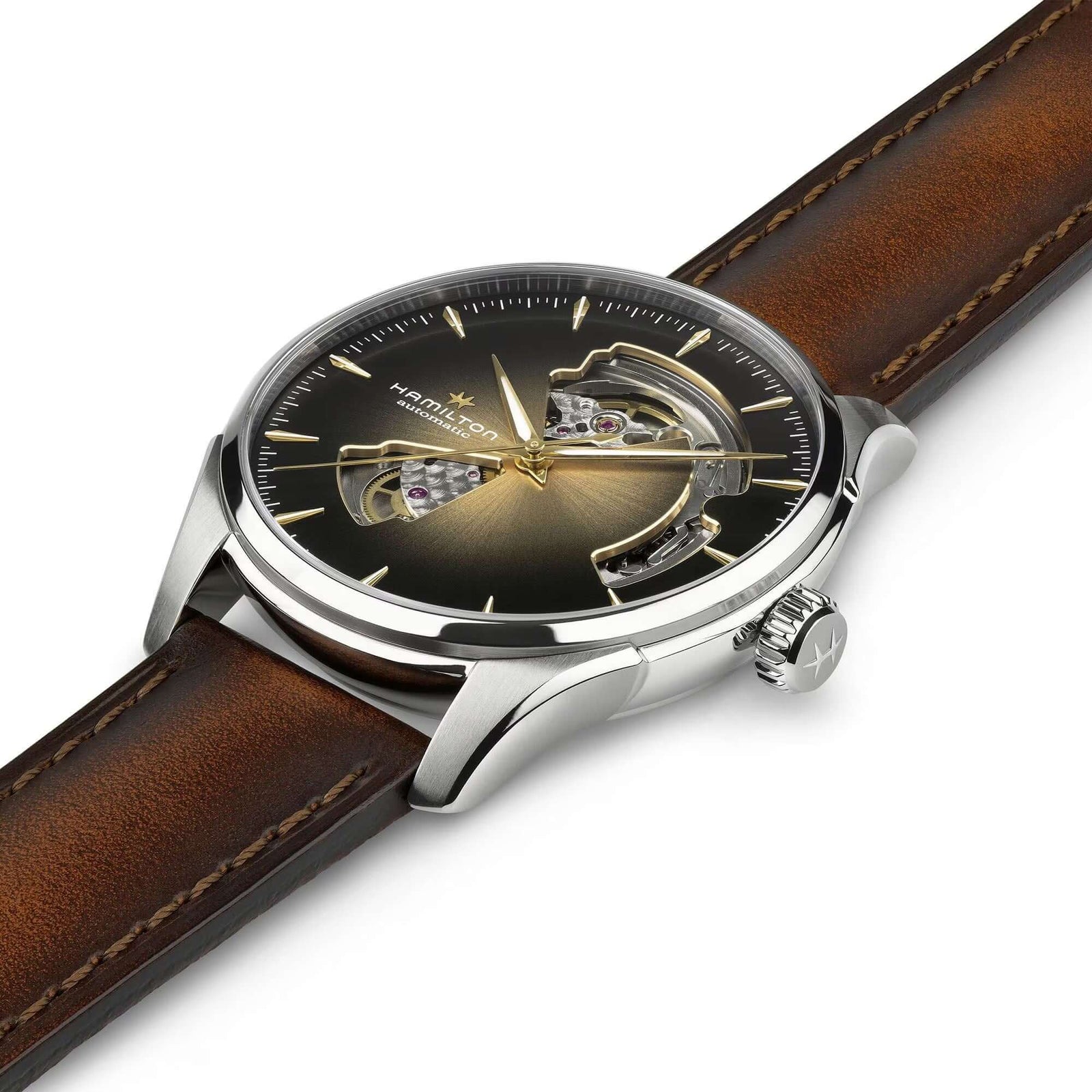 Watch with brown leather strap and black face on a white background
Hamilton Jazzmaster Open Heart Watch H32675501 Bandiera Jewellers