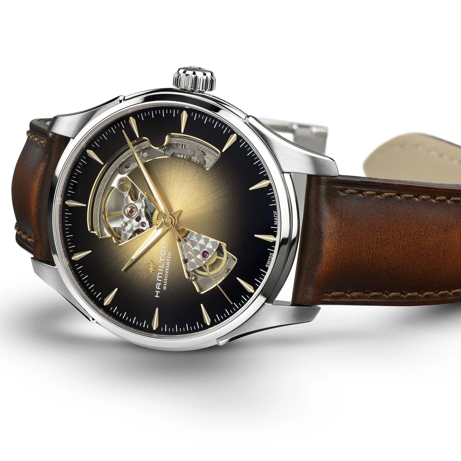 Luxury watch with brown leather strap and visible brand logo on a white background
Hamilton Jazzmaster Open Heart Watch H32675501 Bandiera Jewellers