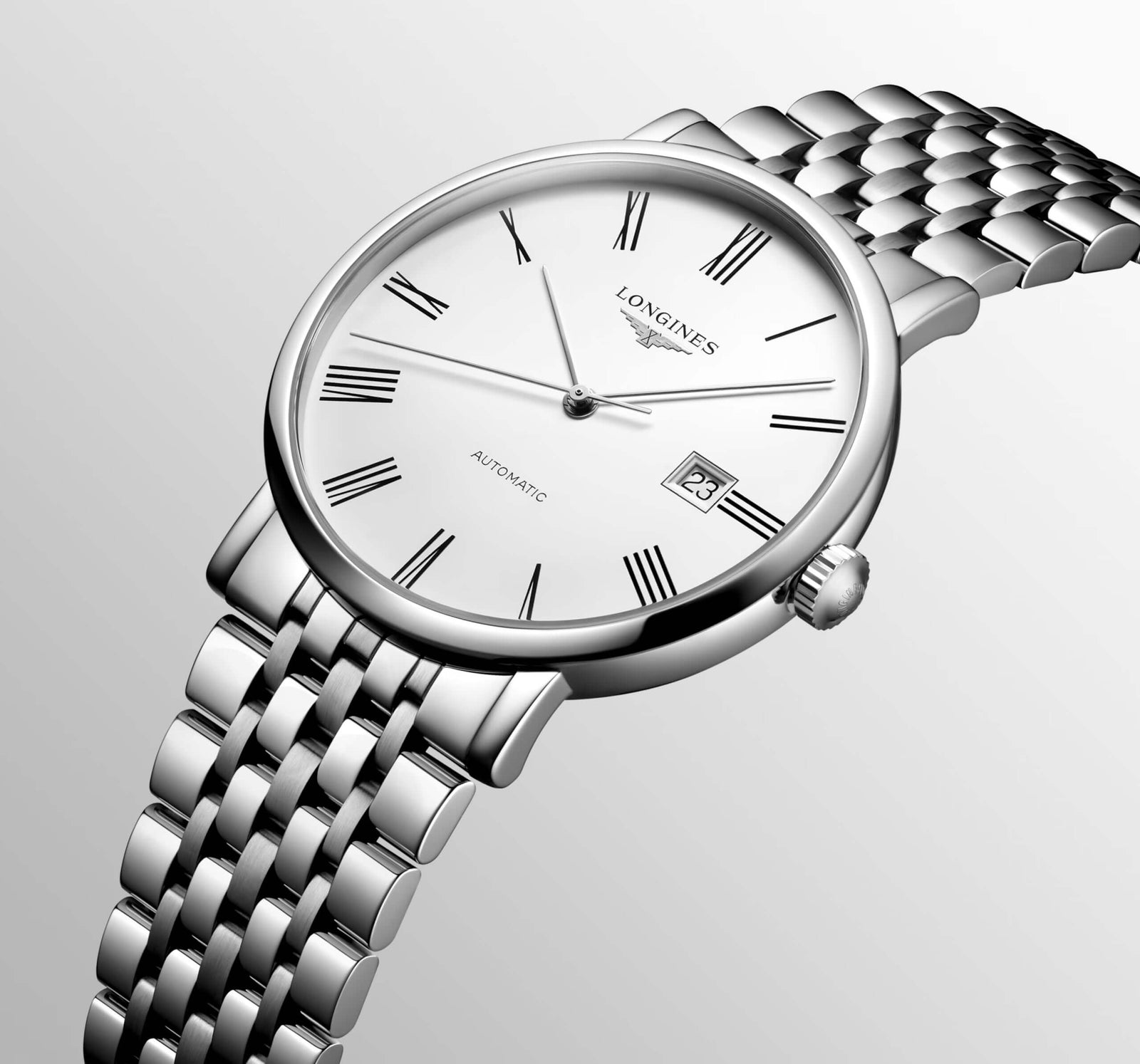 Silver watch with a detailed face on a light gray background
Longines Elegant Collection L49114116 Bandiera Jewellers