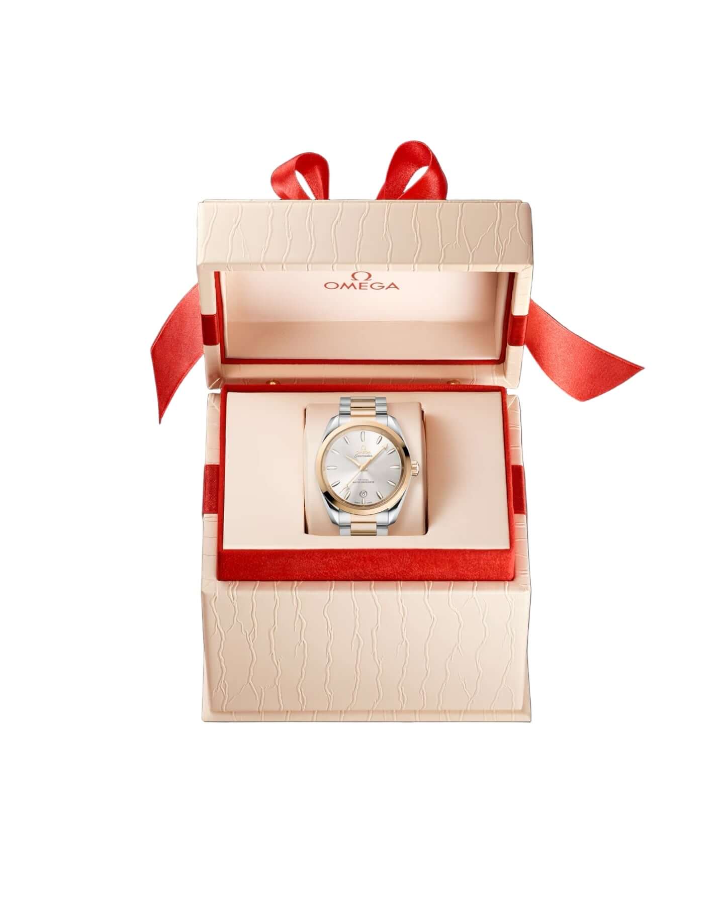 Omega watch in a decorative box with a red ribbon on a black background