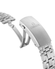 Silver watch band with Omega logo on a black background