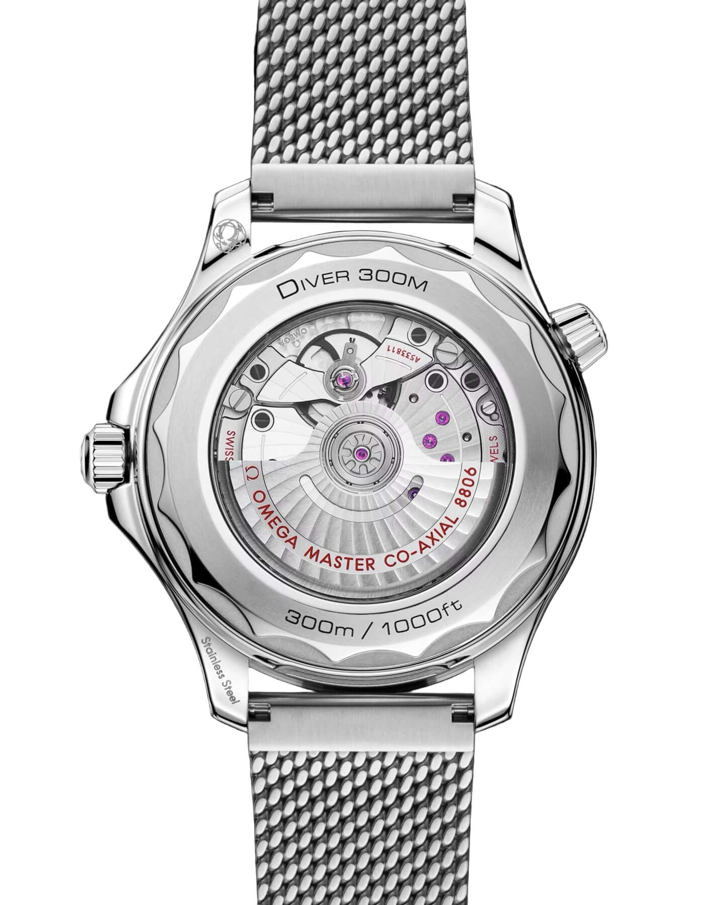 Silver watch with detailed face and mesh band on a black background