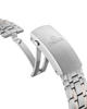 Silver watch band with Omega logo on a black background