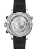 Omega watch with black strap and visible mechanical components on a white background