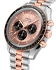 Omega Speedmaster Professional Cosmograph Daytona watch with a two-tone silver and rose gold stainless steel bracelet, a rose gold dial, and a black tachymeter bezel.