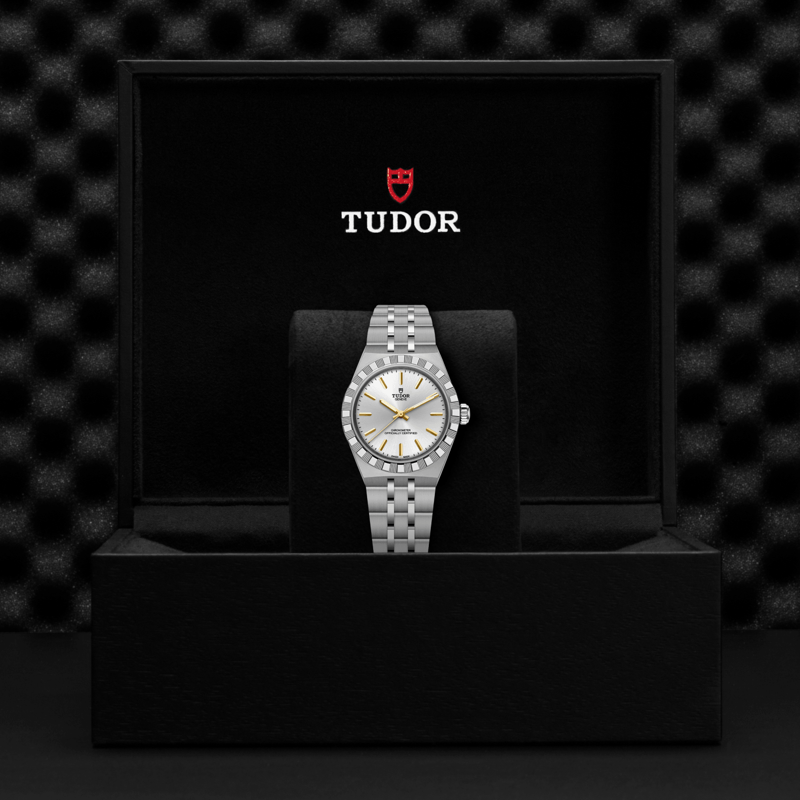 Tudor watch in a black display case with a dark textured background
Tudor Royal 30mm M2830A1A0-0002 Bandiera Jewellers