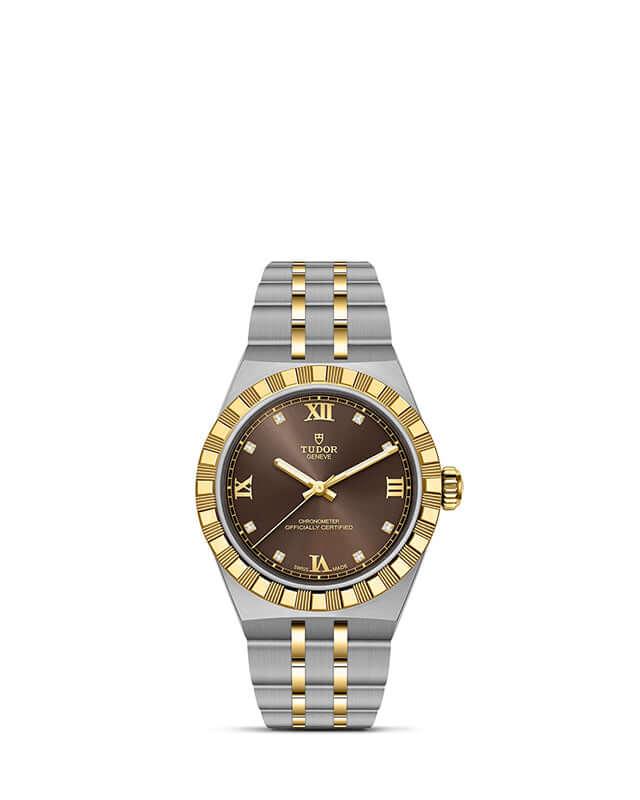 Two-tone watch with brown dial on a white background
Tudor Royal 30mm M2830A1A3-0001 Bandiera Jewellers