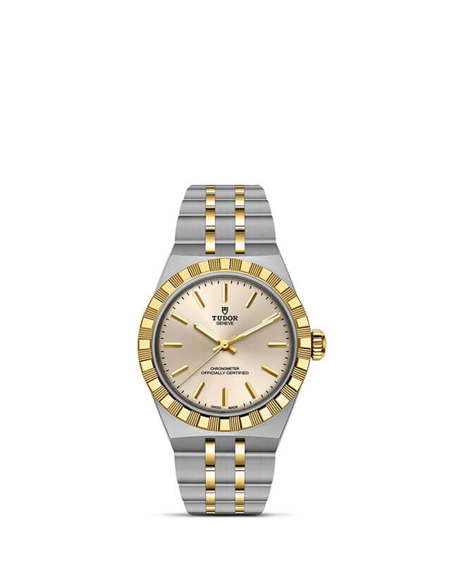 Two-tone watch with gold and silver band on a white background
Tudor Royal 30mm M2830A1A3-0003 Bandiera Jewellers