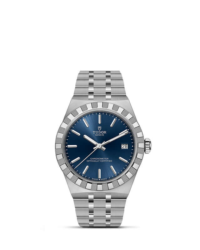 Silver Tudor watch with blue dial on a white background
Tudor Royal 36mm m2836c1a0-0102 Bandiera Jewellers