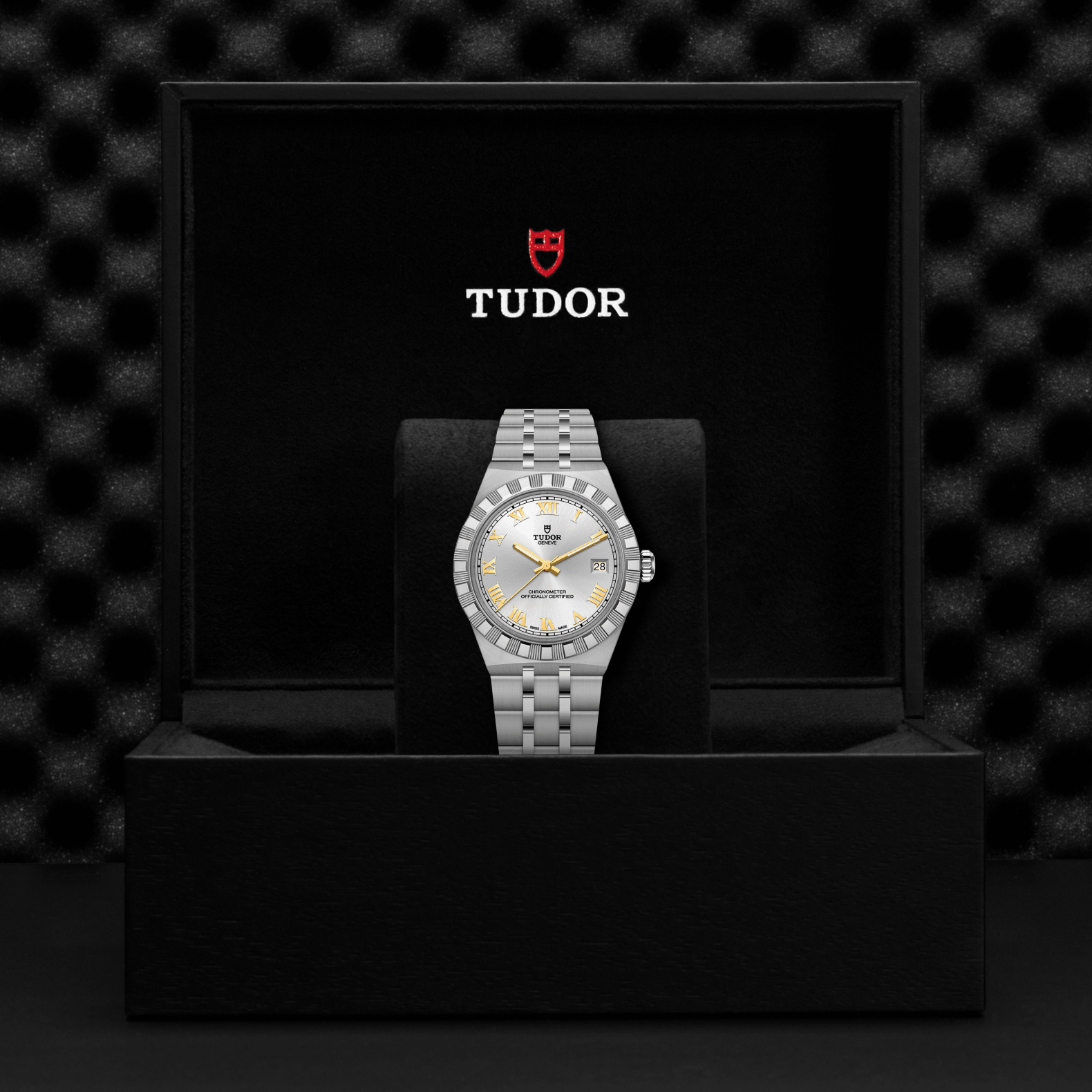 Tudor watch in a black box with the Tudor logo on a dark textured background
Tudor Royal 36mm m2836c1a0-0104 Bandiera Jewellers