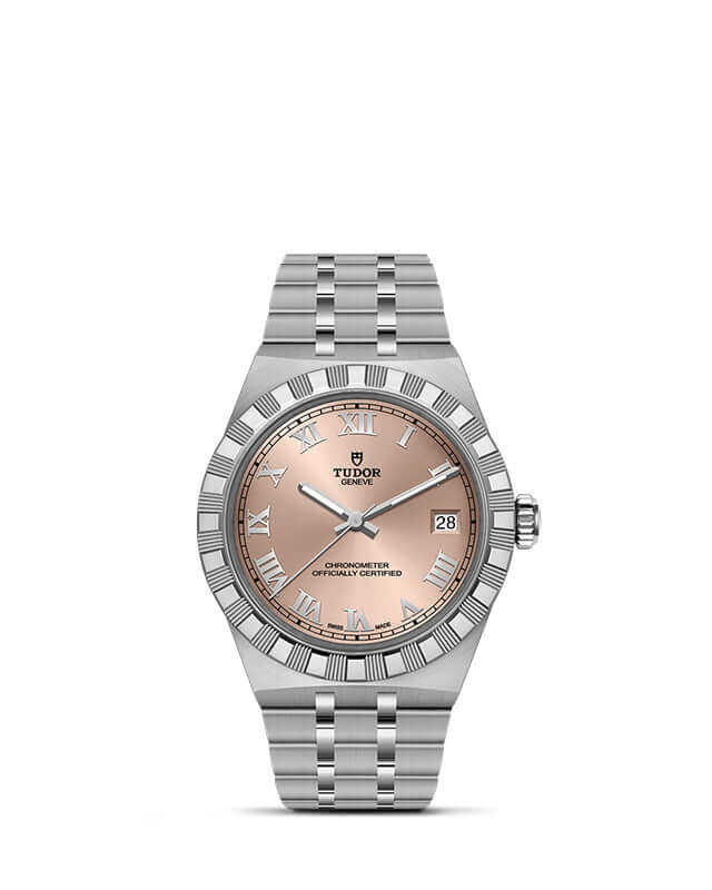 Silver Tudor watch with a pink dial on a white background
TUDOR Royal 36mm M2836C1A0-0105 Bandiera Jewellers