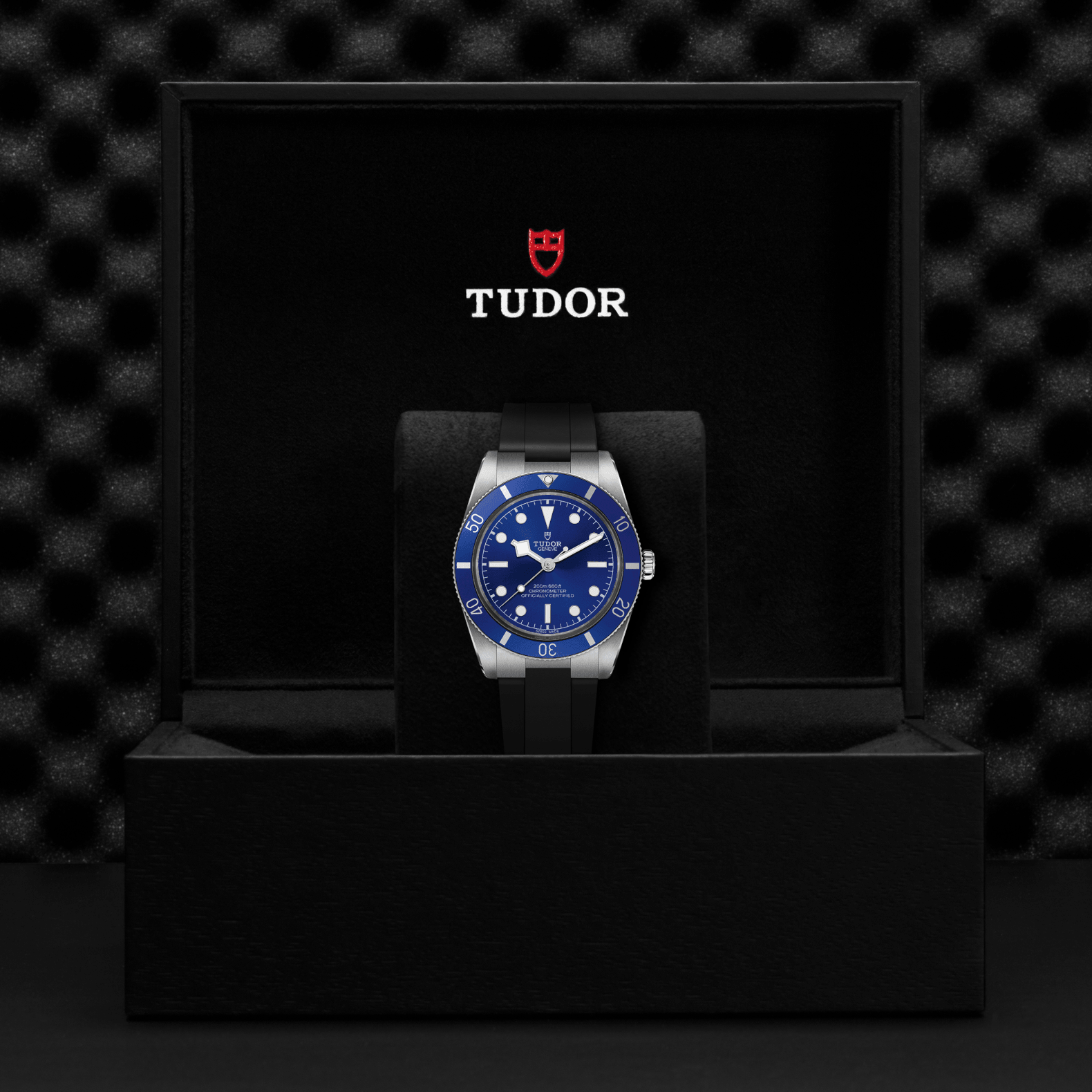 Tudor watch with blue face and silver case in a black box against a dark textured background
Tudor Black Bay 54 M79000B-0002 Bandiera Jewellers