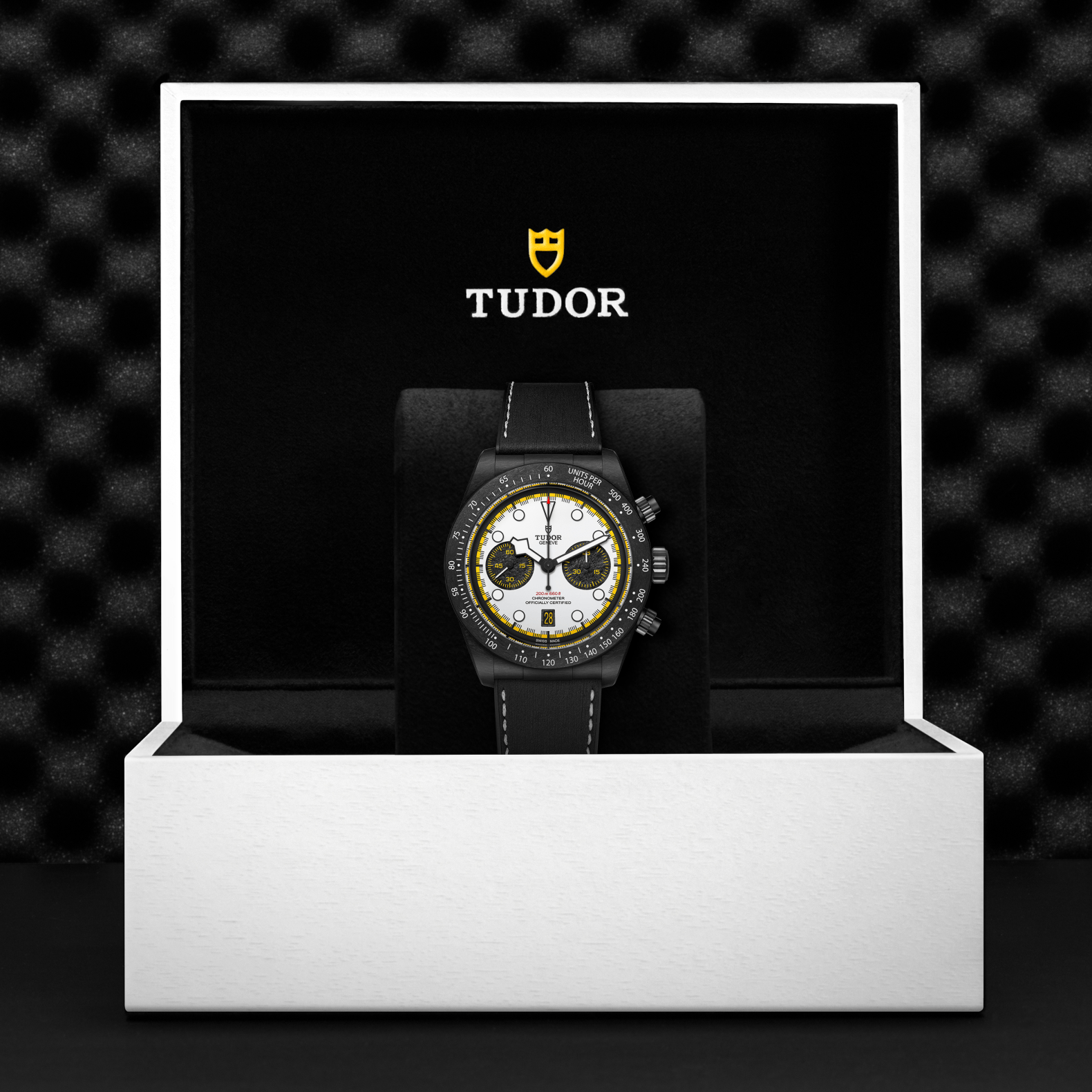 Tudor watch in a black box with a dark textured background
Tudor Black Bay Chrono “Carbon 26” m79377kn-0003 Bandiera Jewellers