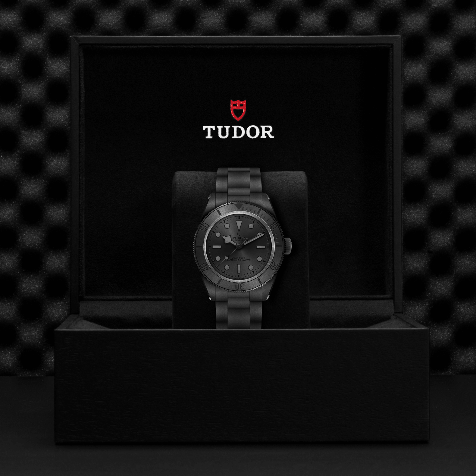 Tudor watch in a black box with the Tudor logo on a dark textured background
Tudor Black Bay Ceramic M7941A1ACNU-0001 Bandiera Jewellers