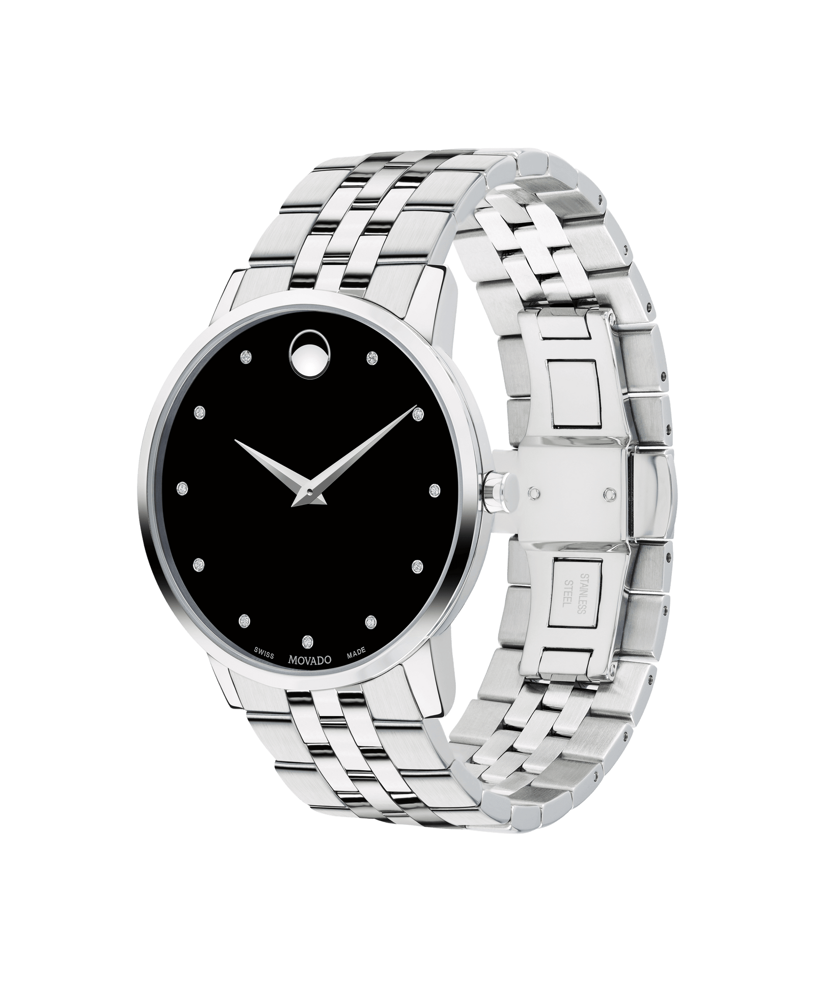 Silver watch with black face on a white background

Movado Museum Classic Watch 0607201 Bandiera Jewellers