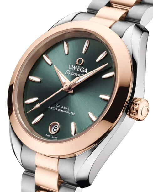 Omega watch with green dial and rose gold and silver band on white background
