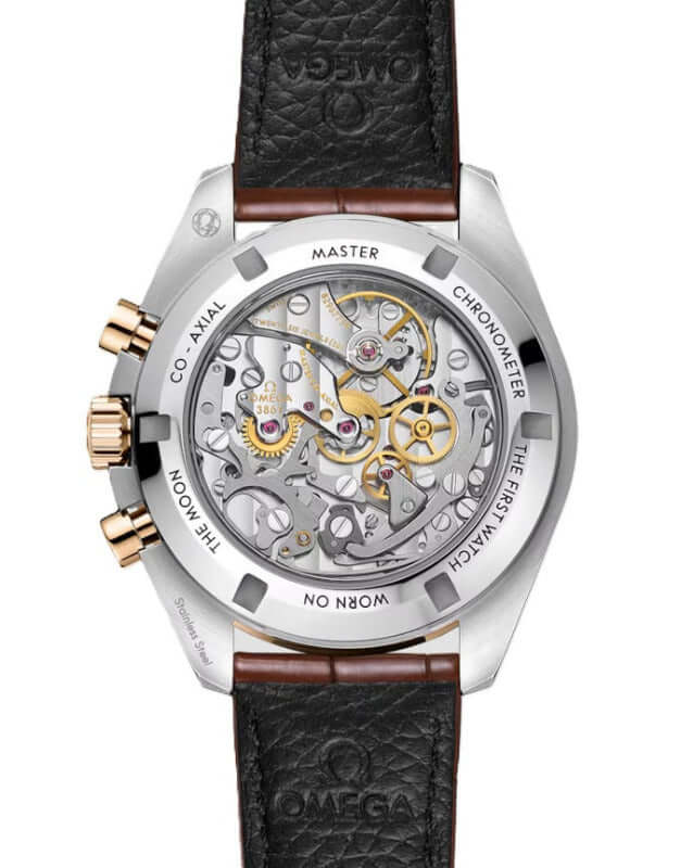 Omega Speedmaster Moonwatch chronograph back view showcasing intricate movement and design features.