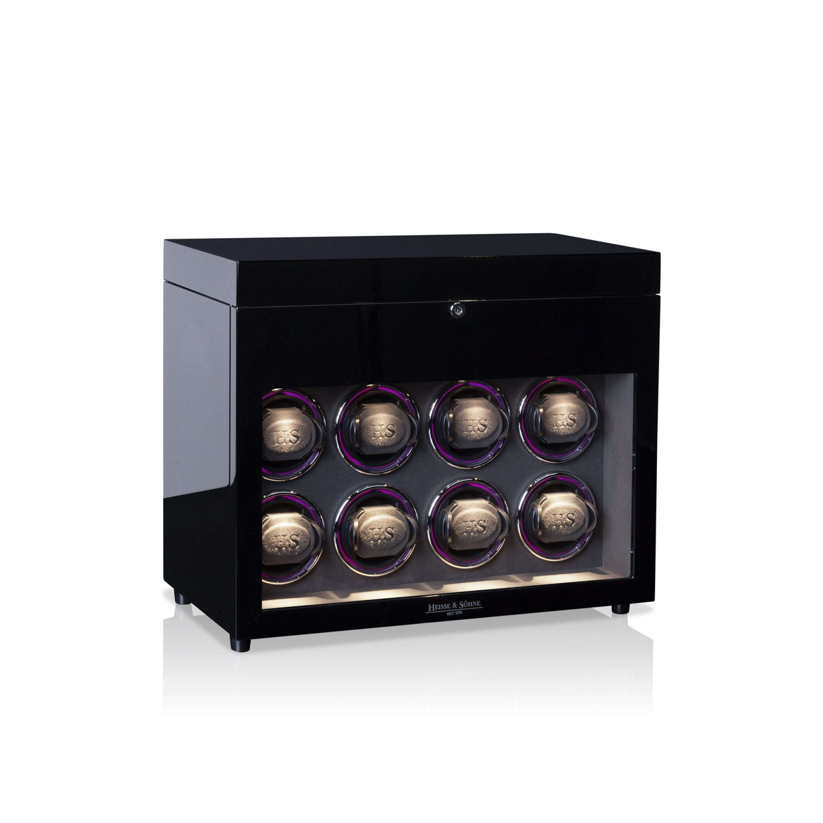 Black watch winder with six watches on a white background