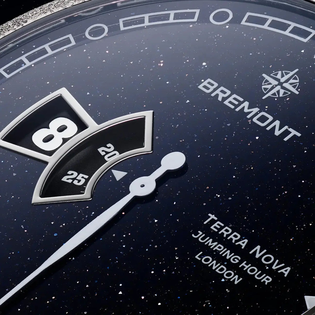 Close-up of a Bremond watch face with 'Terra Nova' branding

Bremont Terra Nova Jumping Hour Aventurine TN40-JH-FS-BLAV-L-S Bandiera Jewellers