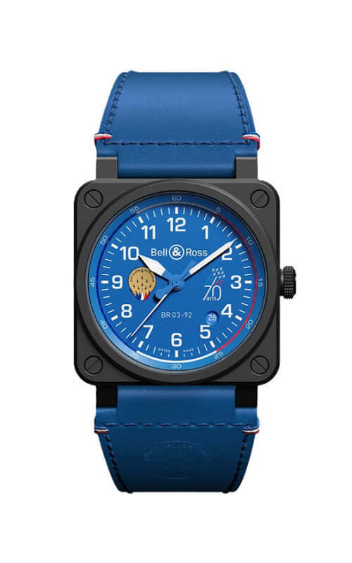 Blue watch with a blue strap on a white background

Bell &amp; Ross BR-03 Patrouille de France BR0392-PAF7-CE/SCA Bandiera Jewellers