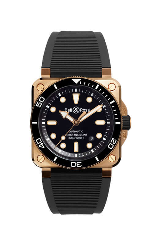 Watch with black dial and rubber strap on a white background

Bell &amp; Ross BR-03 Diver Black Bronze BR03A-D-BL-BR/SRB Bandiera Jewellers