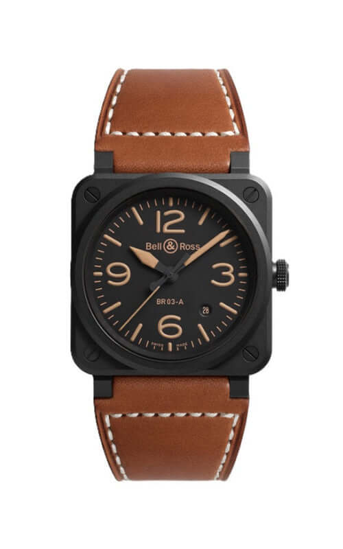 Watch with brown leather strap and black dial on a white background

Bell &amp; Ross BR-03 Heritage BR03A-HER-CE/SCA Bandiera Jewellers
