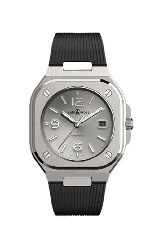 Silver watch with black strap on a white background

Bell &amp; Ross BR-05 Grey Steel BR05A-GR-ST/SRB Bandiera Jewellers