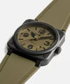 Watch with beige face and green strap on a white background

Bell & Ross BR-03 Military Ceramic BR03A-MIL-CE/SRB Bandiera Jewellers