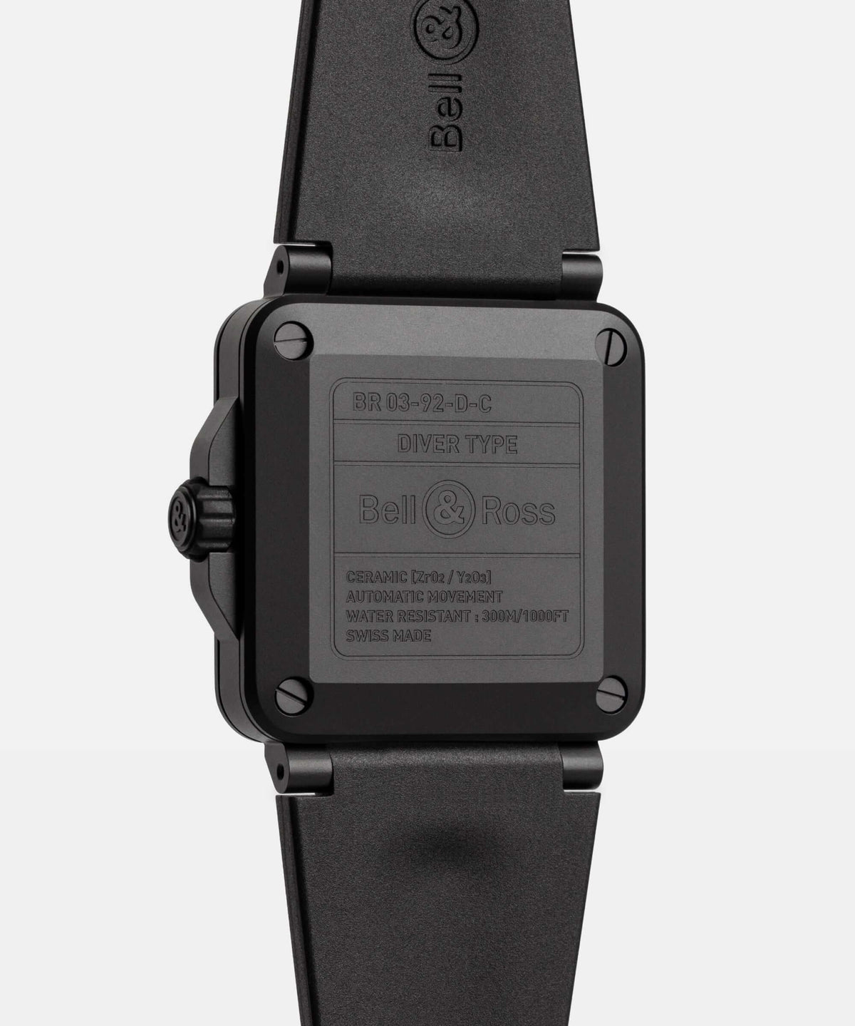 Back view of a black Bell & Ross watch on a white background

Bell & Ross BR-03 Diver Full Lum Ceramic BR03A-D-LM-CE/SRB Bandiera Jewellers