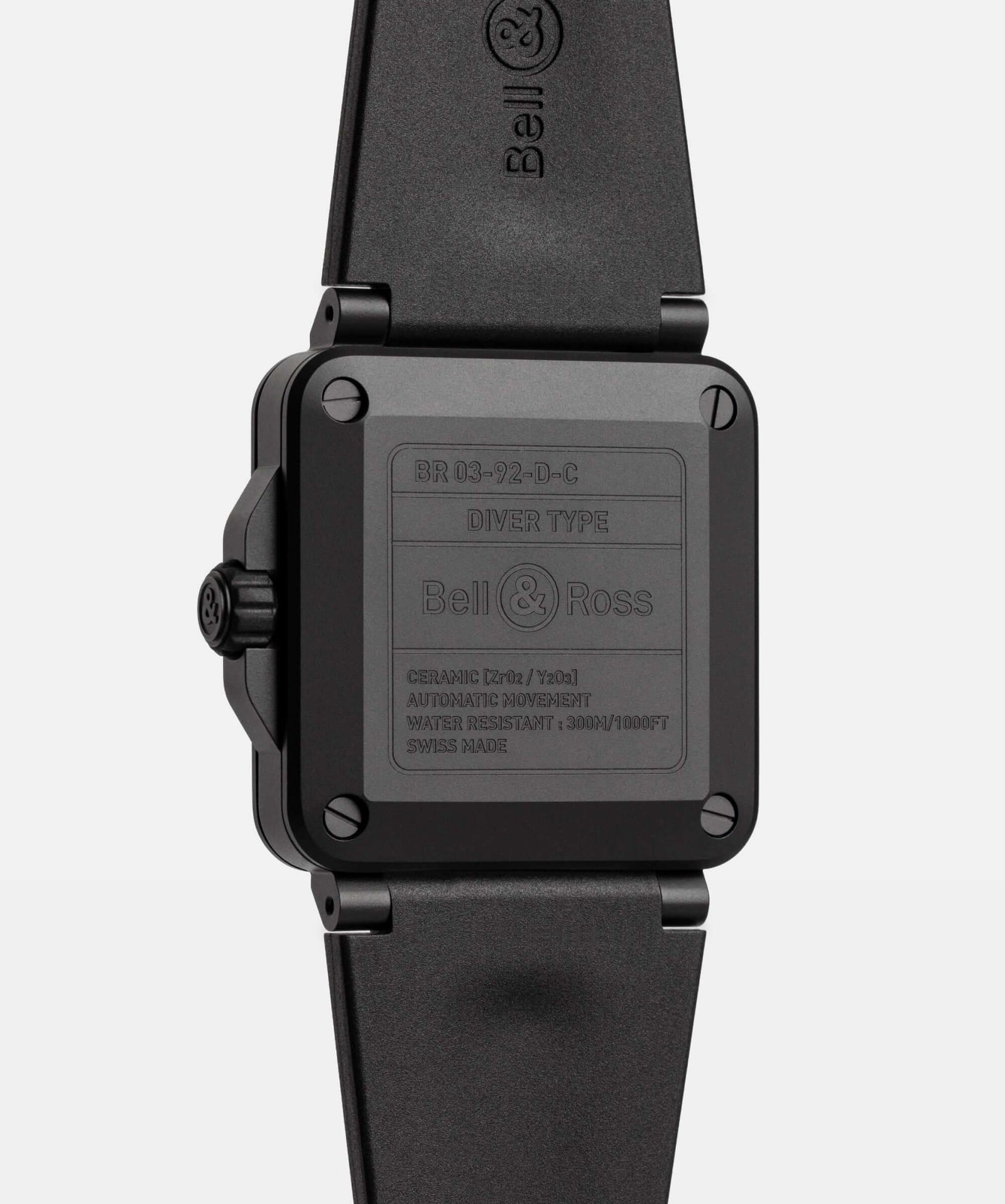 Back view of a black Bell & Ross watch on a white background

Bell & Ross BR-03 Diver Full Lum Ceramic BR03A-D-LM-CE/SRB Bandiera Jewellers