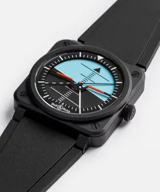 Black watch with a unique face design on a white background

Bell & Ross BR-03 Horizon BR03A-HRZ-CE/SRB Bandiera Jewellers