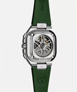 Green watch with a detailed mechanical movement on a white background

Bell & Ross BR-05 Chrono Green Steel BR05C-GN-ST/SRB Bandiera Jewellers