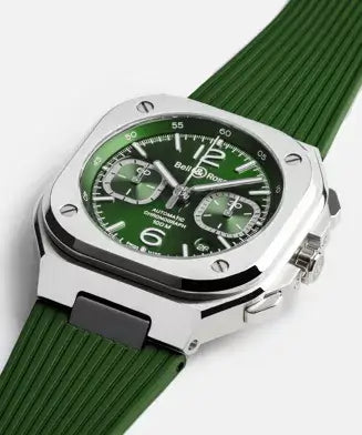 Green watch with silver case on a white background

Bell & Ross BR-05 Chrono Green Steel BR05C-GN-ST/SRB Bandiera Jewellers