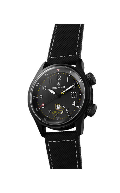 Black wristwatch with detailed face on a white background

Bremont Altitude MB Meteor 'Felix The Cat' ALT42-MT-DLC-FELIX-L-S Bandiera Jewellers
