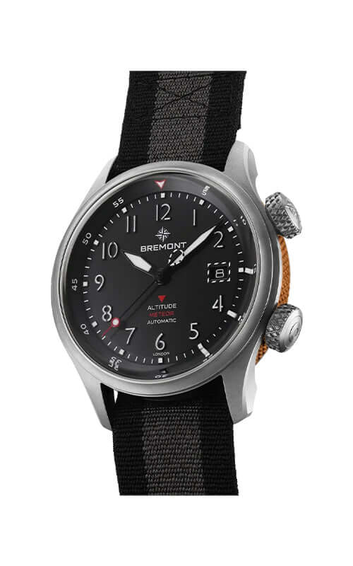 Black wristwatch with a detailed face on a white background

Bremont Altitude MB Meteor Orange Barrel ALT42-MT-TI-BKOR-N-S Bandiera Jewellers