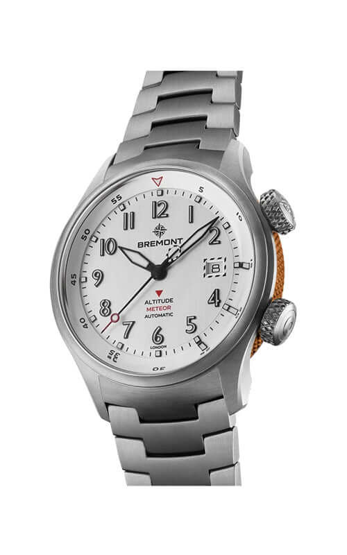 Silver wristwatch with a white dial on a white background

Bremont Altitude MB Meteor Orange Barrel ALT42-MT-TI-SIOR-B Bandiera Jewellers