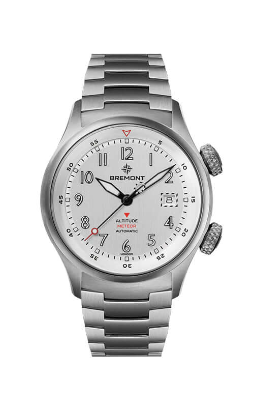 Silver wristwatch with a white dial on a white background

Bremont Altitude MB Meteor Orange Barrel ALT42-MT-TI-SIOR-B Bandiera Jewellers