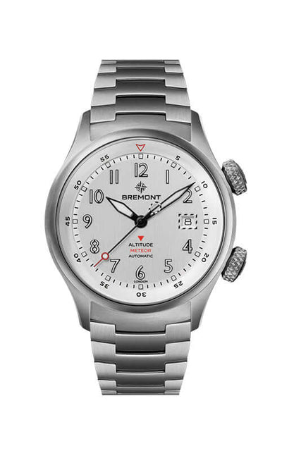 Silver wristwatch with a white dial on a white background

Bremont Altitude MB Meteor Orange Barrel ALT42-MT-TI-SIOR-B Bandiera Jewellers
