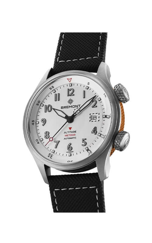 Bremont watch with black strap and white face on a white background

Bremont Altitude MB Meteor Orange Barrel ALT42-MT-TI-SIOR-L-S Bandiera Jewellers