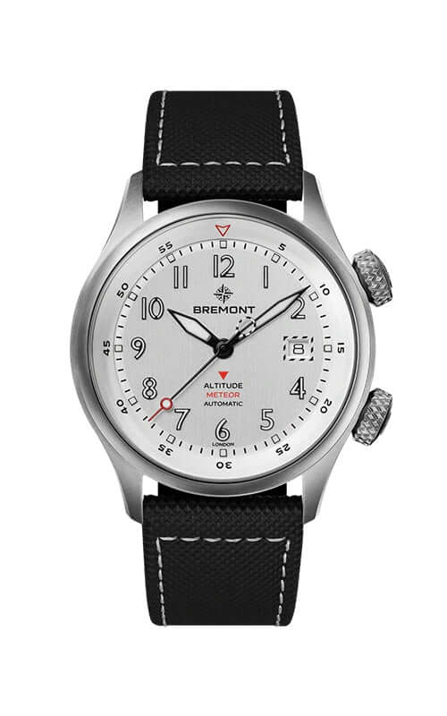 Bremont watch with black strap and white face on a white background

Bremont Altitude MB Meteor Orange Barrel ALT42-MT-TI-SIOR-L-S Bandiera Jewellers