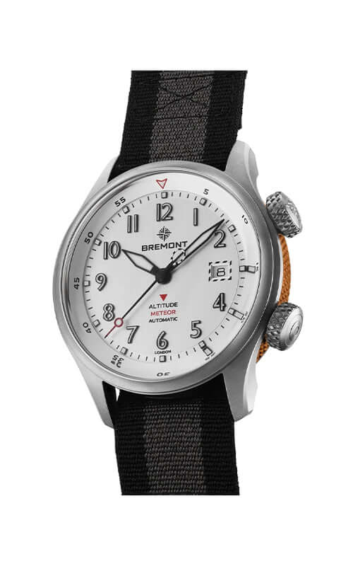 Bremont watch with black strap and white face on a white background

Bremont Altitude MB Meteor Orange Barrel ALT42-MT-TI-SIOR-N-S Bandiera Jewellers