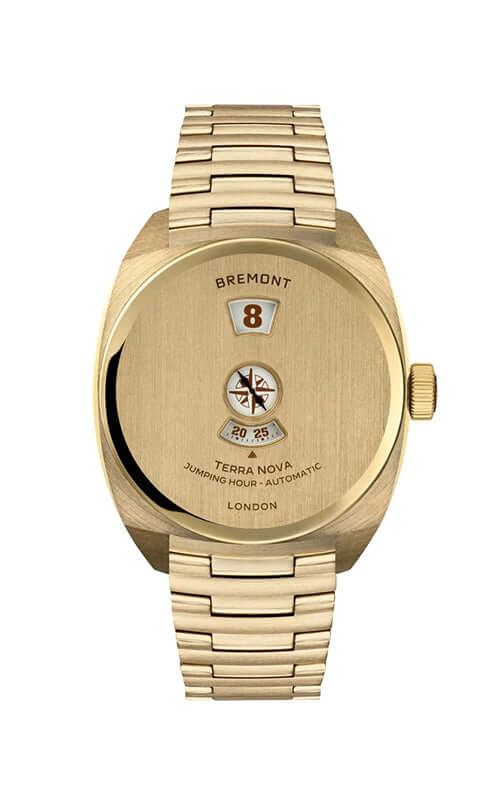 Gold watch with Bremont logo on a white background

Bremont Terra Nova Jumping Hour Bronze TN38-JH-BZ-CC-B | Bandiera Jewellers