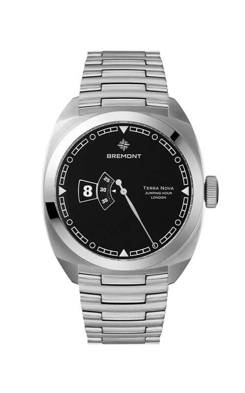 Silver watch with black dial on a white background

Bremont Terra Nova 40.5 Jumping Hour TN40-JH-SS-BK-B Bandiera Jewellers