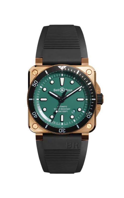 Bell & Ross watch with green dial and black strap on a white background

Bell & Ross BR-03 Diver Black & Green Bronze BR0392-D-LT-BR/SRB Bandiera Jewellers