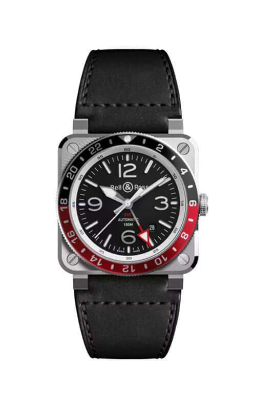 Watch with black leather strap and red accents on a white background

Bell & Ross BR-03 GMT Black BR0393-BL-ST/SCA Bandiera Jewellers