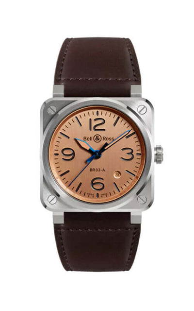Bell & Ross watch with brown leather strap and rose gold dial on a white background

Bell & Ross BR-03 Copper BR03A-GB-ST/SCA Bandiera Jewellers
