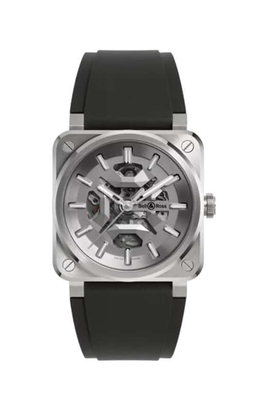 Watch with black strap and silver case on a white background

Bell &amp; Ross BR-03 Skeleton Grey Steel BR03A-GR-SKST/SRB Bandiera Jewellers