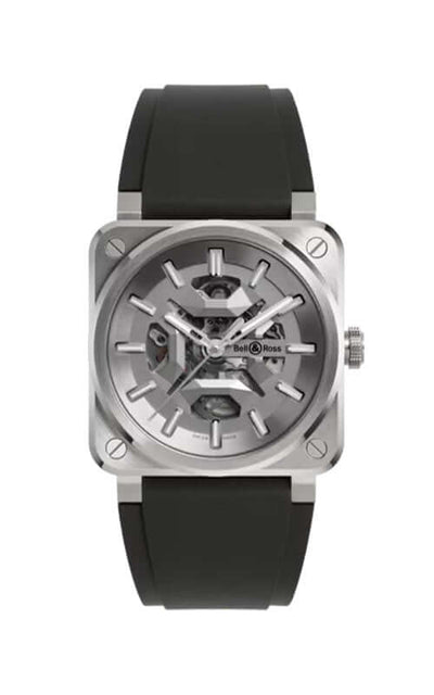 Watch with black strap and silver case on a white background

Bell & Ross BR-03 Skeleton Grey Steel BR03A-GR-SKST/SRB Bandiera Jewellers